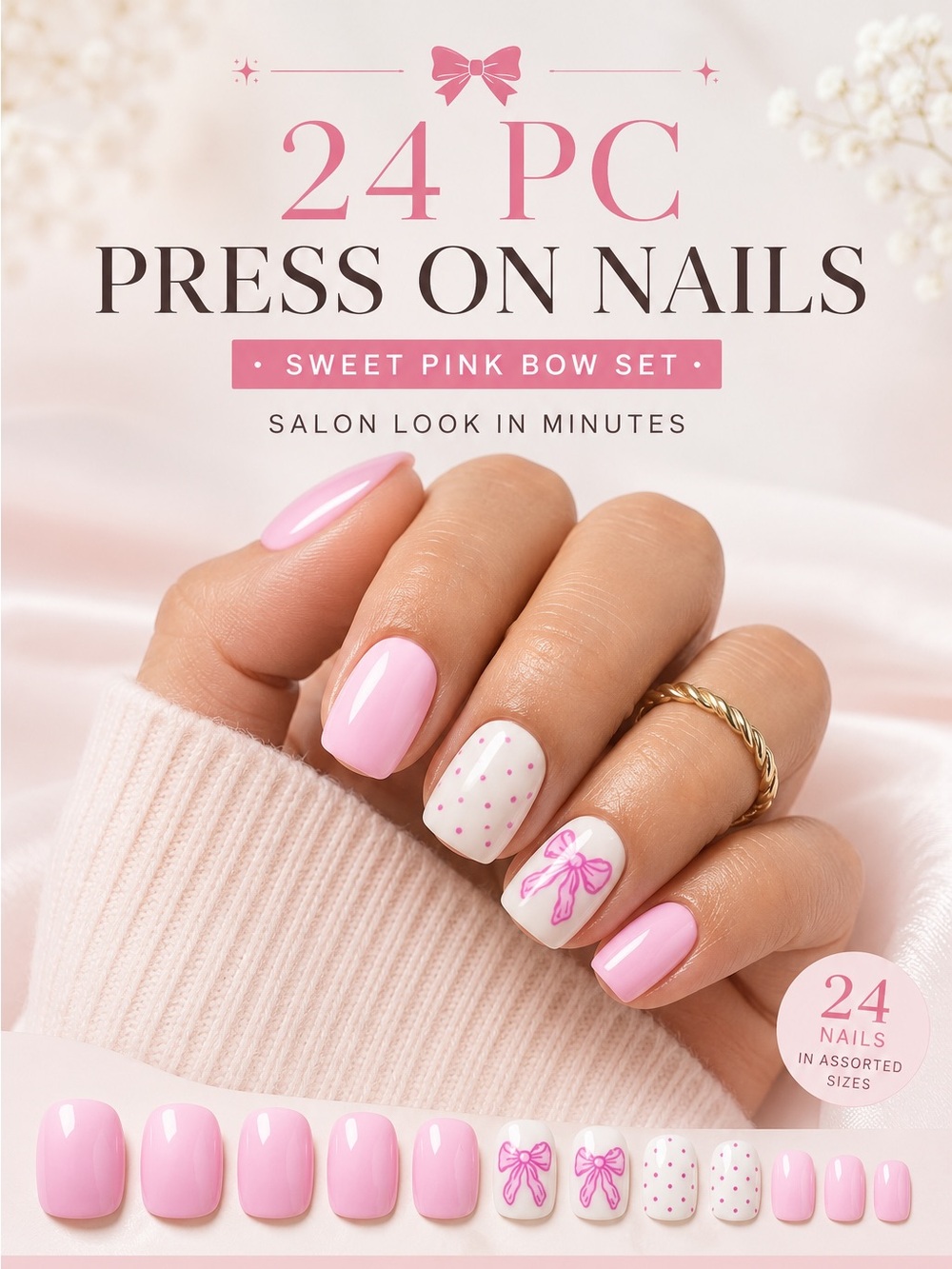 Pink Bow Press-On Nails | Short Square | 24 Piece Nail Set